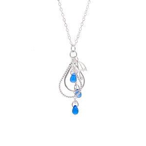 Silver Umbrella Raindrop Charm Pendant with blue raindrop beads on white background by Kate Wimbush Jewellery