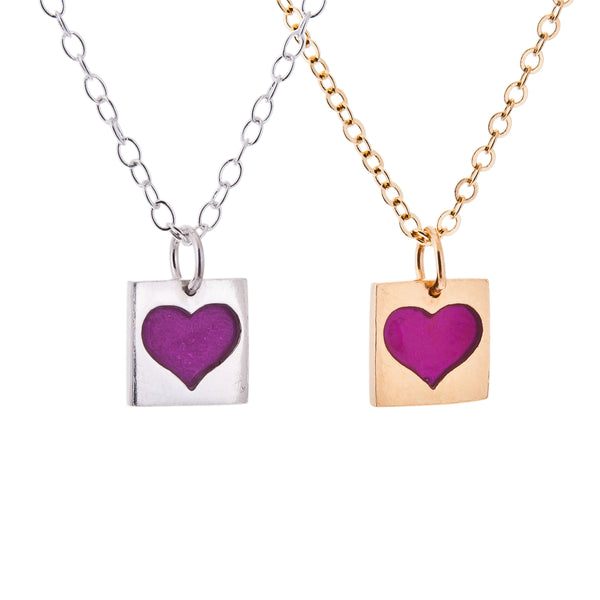 Square Silver and Gold Pink Resin Heart Pendant on white background, cut out, Kate Wimbush Jewellery