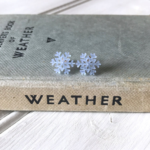 Small Frosted Blue Perspex Snowflake studs with silver posts and backs by Kate Wimbush jewellery