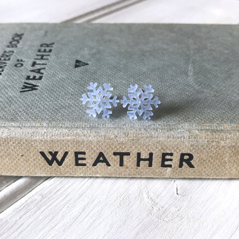 Small Frosted Blue Perspex Snowflake studs with silver posts and backs by Kate Wimbush jewellery