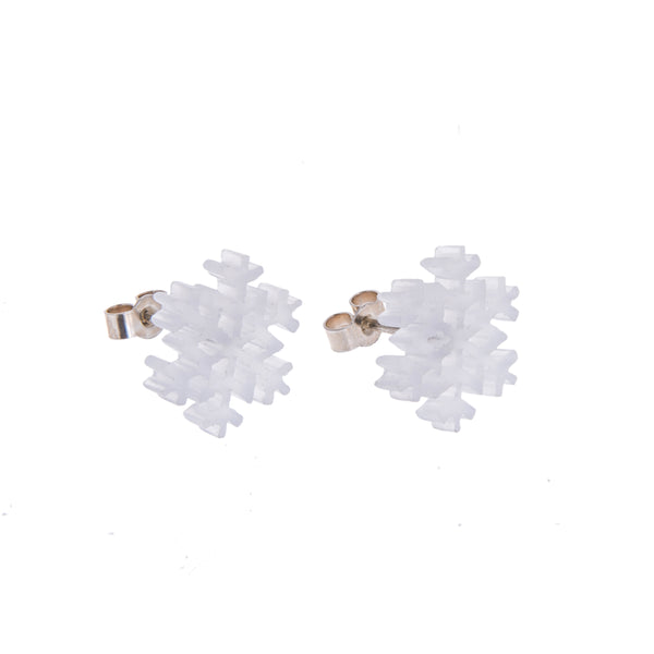 Small Frosted Perspex Snowflake Stud Earrings with silver posts and backs on white background by Kate Wimbush Jewellery