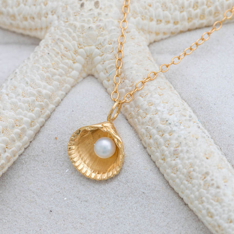 Small Gold Cockle Shell Pendant with white freshwater pearl, Kate Wimbush Jewellery