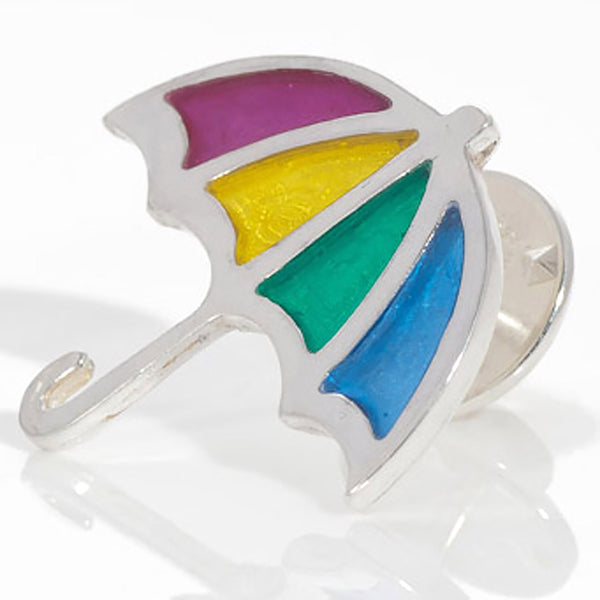 Small Silver Rainbow Resin Umbrella brooch, tie pin fastening, Kate Wimbush Jewellery