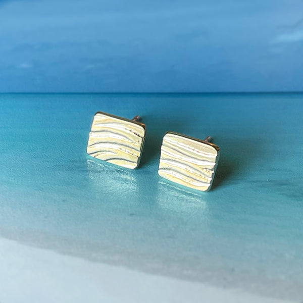 Square 9ct Gold Ripple Texture Stud Earrings by Kate Wimbush jewellery