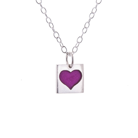 Square Silver Pink Resin Heart pendant necklace, Kate Wimbush Jewellery