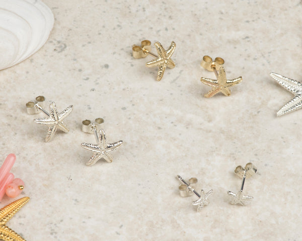 Large and Small Starfish Stud Earrings collection, silver and gold, by Kate Wimbush jewellery