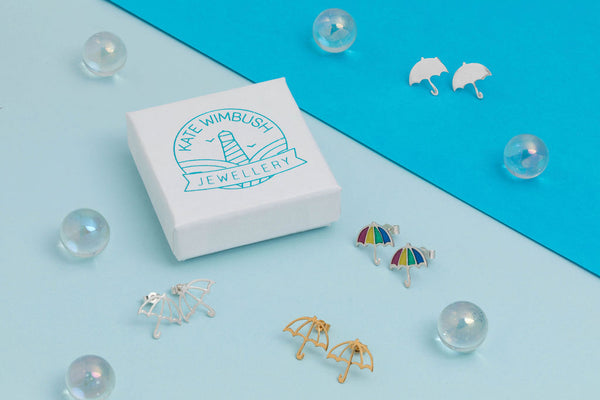 Silver Gold and Rainbow Umbrella Stud Earrings Kate Wimbush Jewellery Box