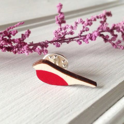Hand painted wooden robin brooch, tie pin, stocking filler, Christmas gift by Kate Wimbush Jewellery