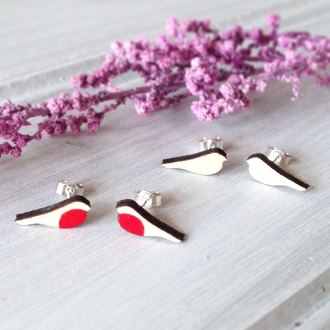Hand painted wooden robin and bird stud earrings with silver posts and butterfly backs by Kate Wimbush Jewellery