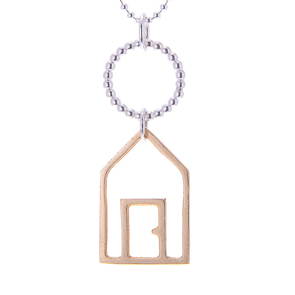 9ct Rose Yellow Beach Hut Pendant on Silver Chain with white background, Kate Wimbush Jewellery